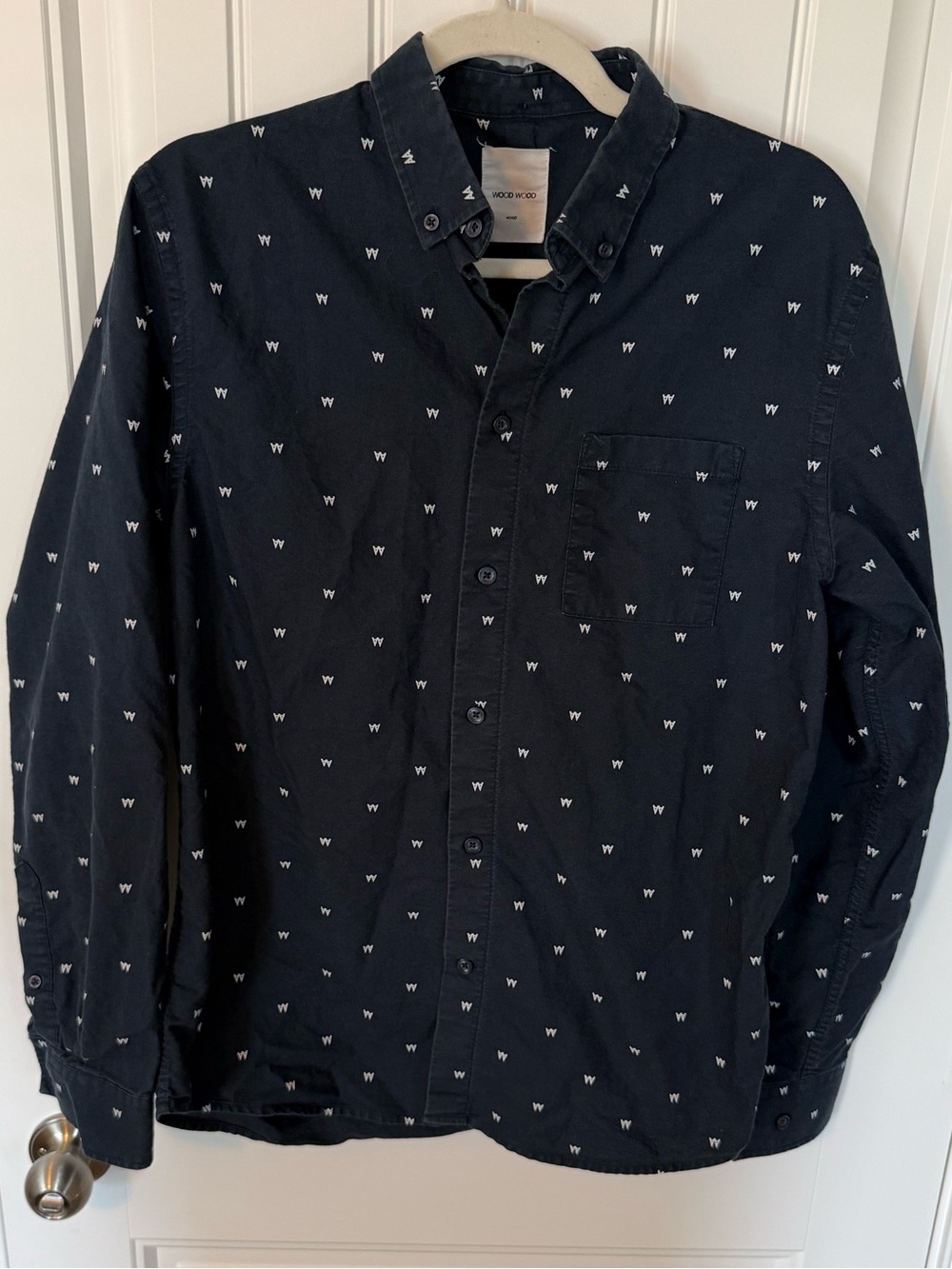 Wood Wood Men’s Medium Navy Button Down Shirt White W Print Long Sleeve Cotton